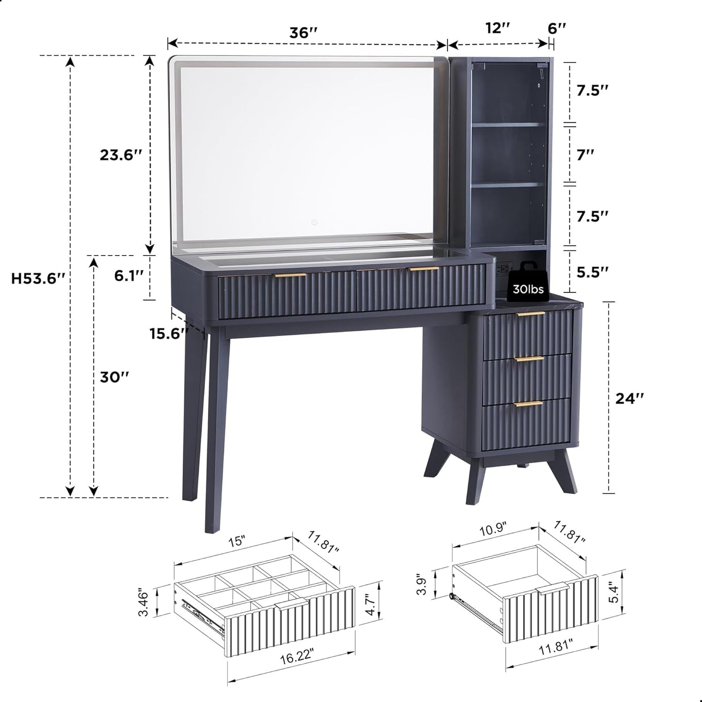 48 Inches Charcoal Grey Vanity Desk Illuminated Mirror-1