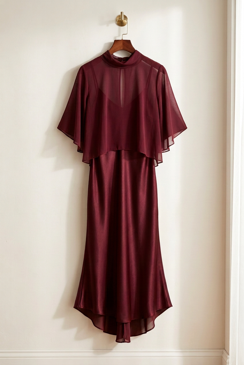 First AI-created burgundy dress picture with a visible hanger at the top
