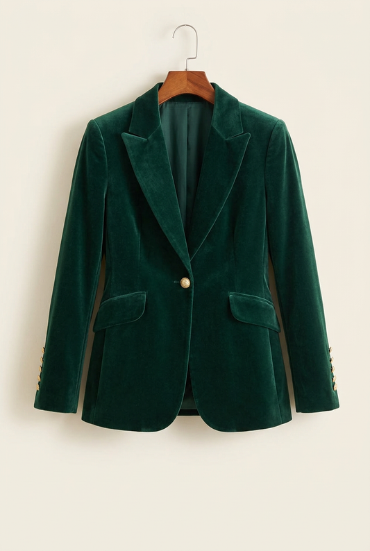 Gold Button Tailored Velvet-Look Blazer