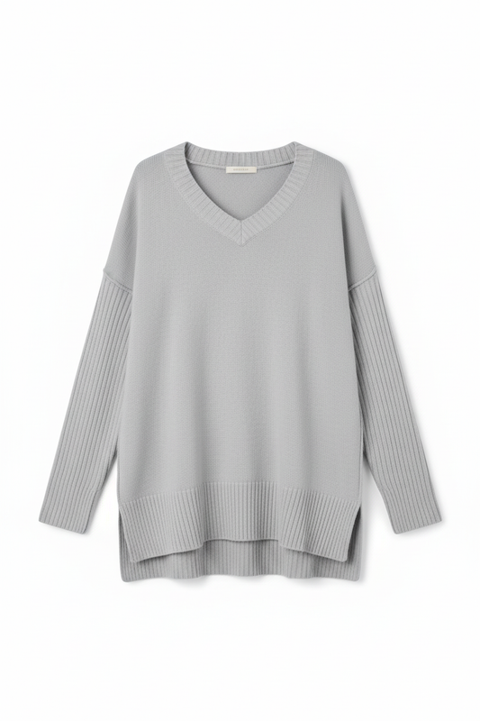 Fresh product-only version of the gray V-neck sweater