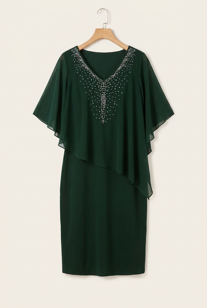 Rhinestone Chiffon Cape Dress