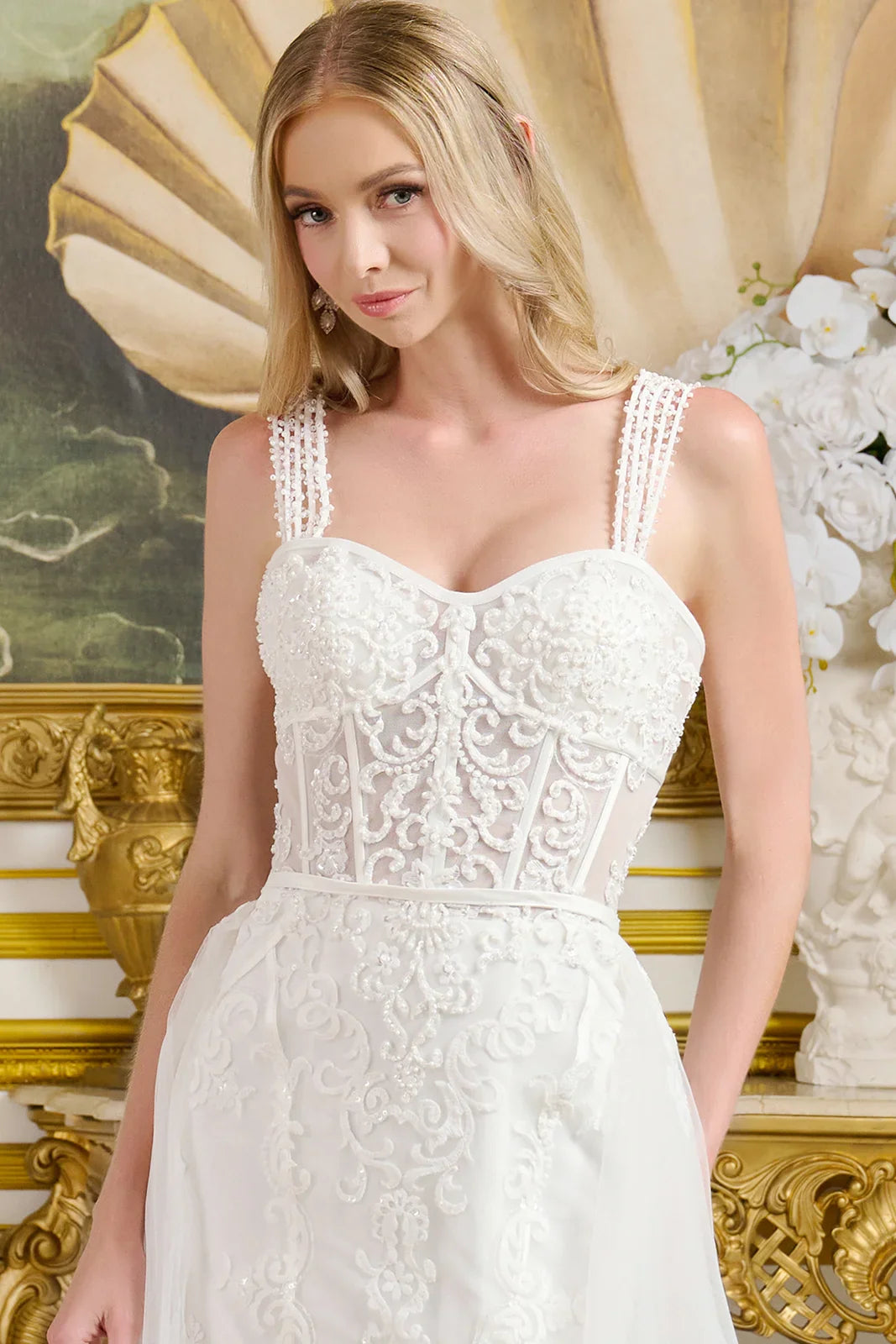 Form-Fitting Wedding Gown Multiple Beaded Spaghetti Straps Sweetheart Neckline Bodice-3