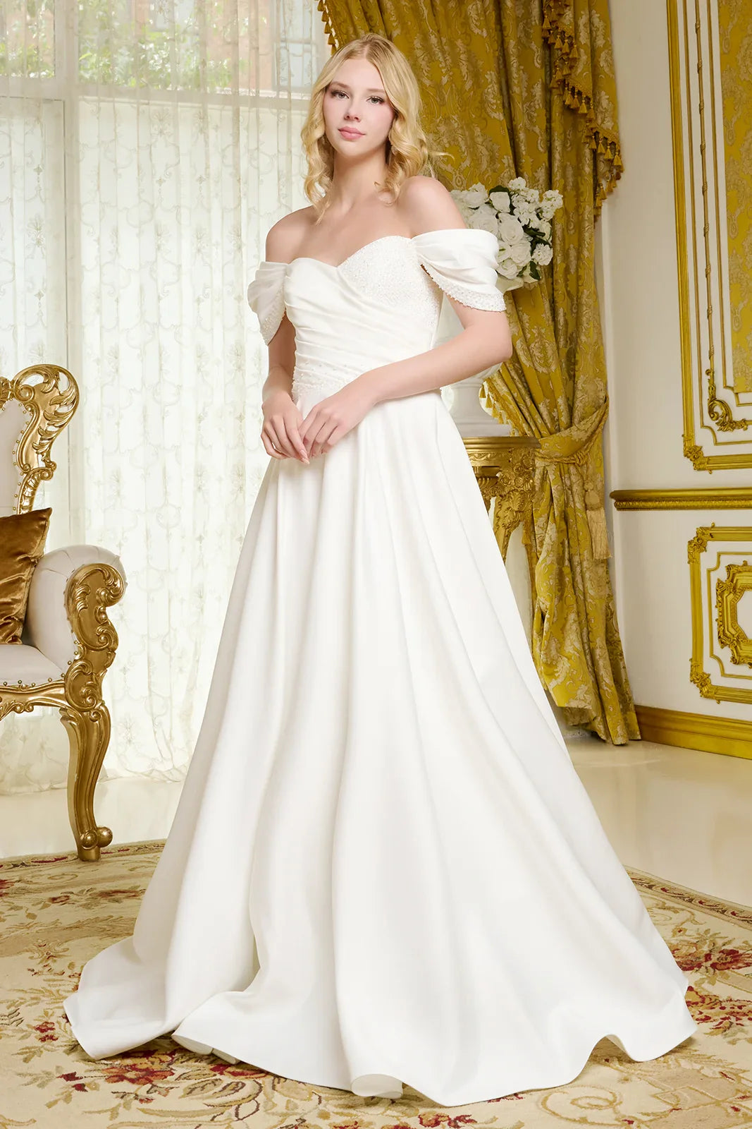 Satin Wedding Gown A Minimalist Aesthetic Off-The-Shoulder Sleeves-0
