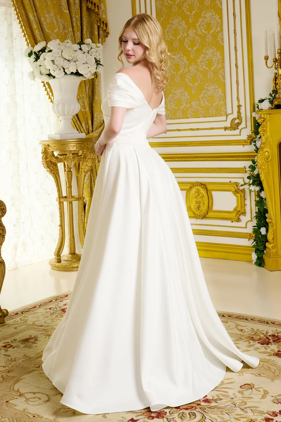 Satin Wedding Gown A Minimalist Aesthetic Off-The-Shoulder Sleeves-1