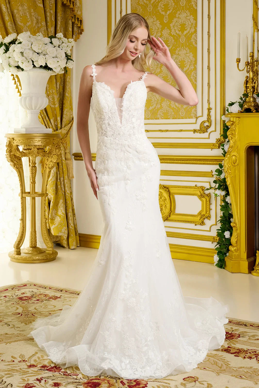 Form-Fitting Wedding Gown  Spaghetti Straps Illusion V-Neckline Bodice-0