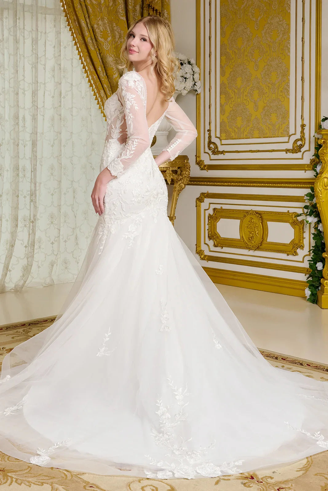 Wedding Gown, V-Neckline And Sheer Long Sleeves, With Beads, Embroidery, And Sequins.-3