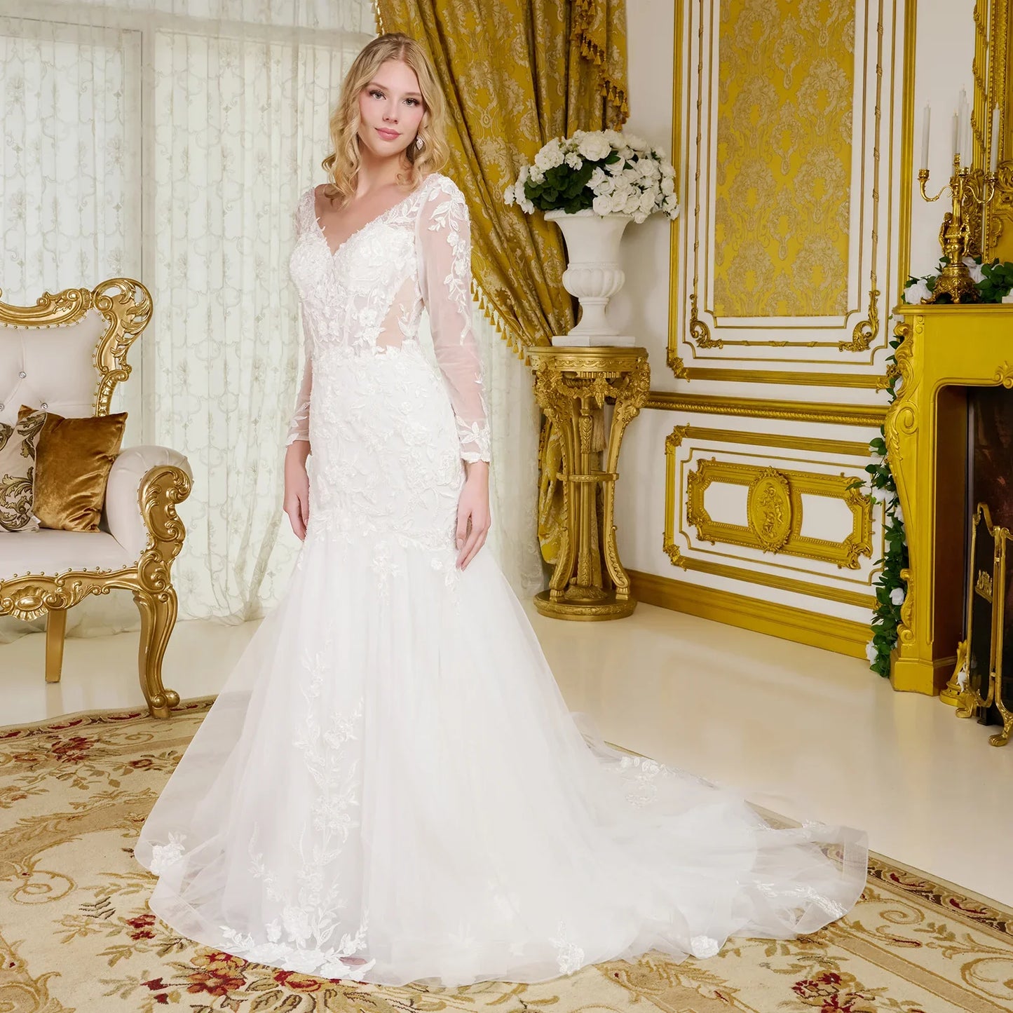 Wedding Gown, V-Neckline And Sheer Long Sleeves, With Beads, Embroidery, And Sequins.-1