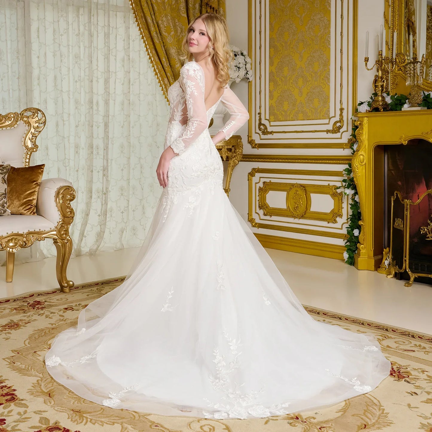 Wedding Gown, V-Neckline And Sheer Long Sleeves, With Beads, Embroidery, And Sequins.-2