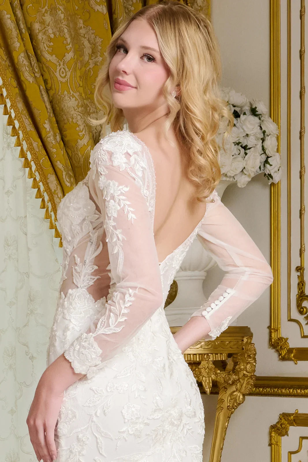 Wedding Gown, V-Neckline And Sheer Long Sleeves, With Beads, Embroidery, And Sequins.-4