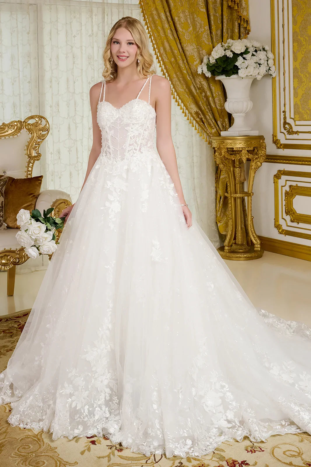 Spaghetti Straps, Sweetheart Neckline Bodice A-Line Wedding Gown-0