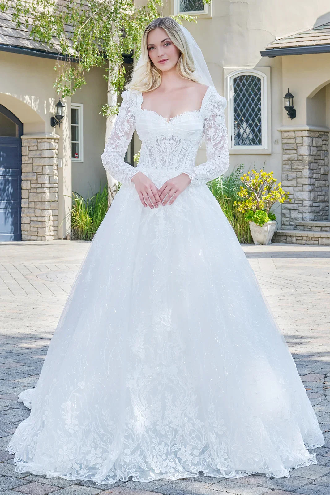 Wedding Dress With V-Neck And Corset Bodice With Long Transparent Sleeves-0