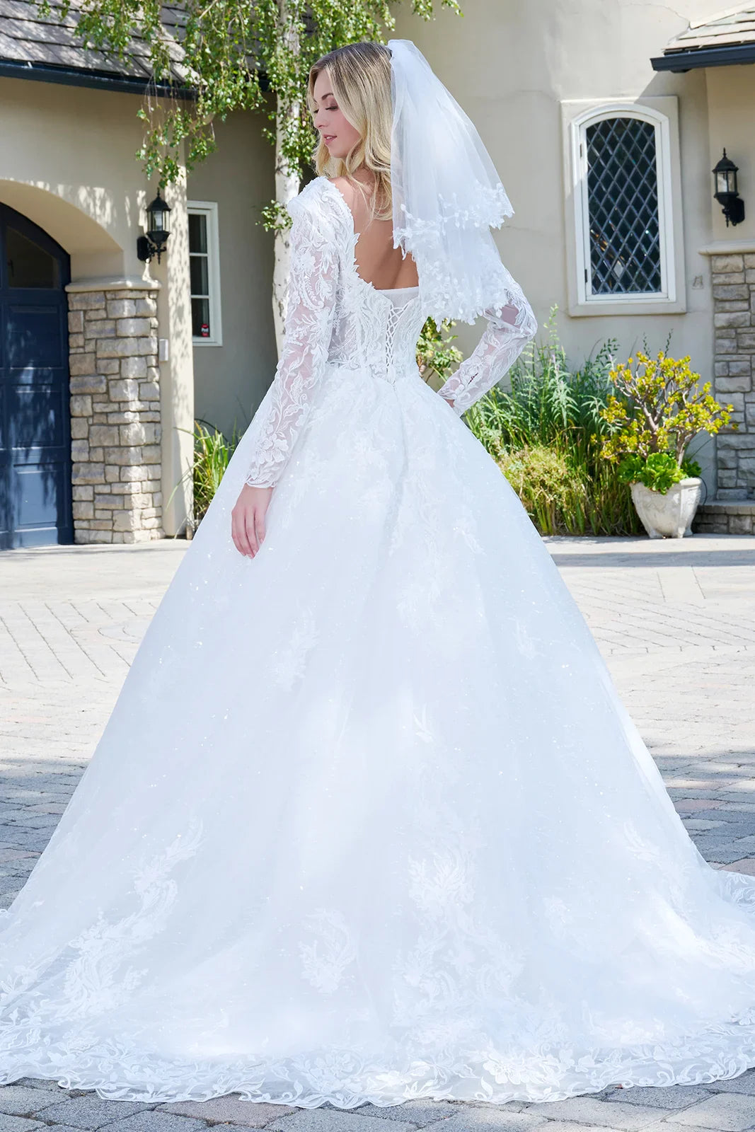 Wedding Dress With V-Neck And Corset Bodice With Long Transparent Sleeves-1