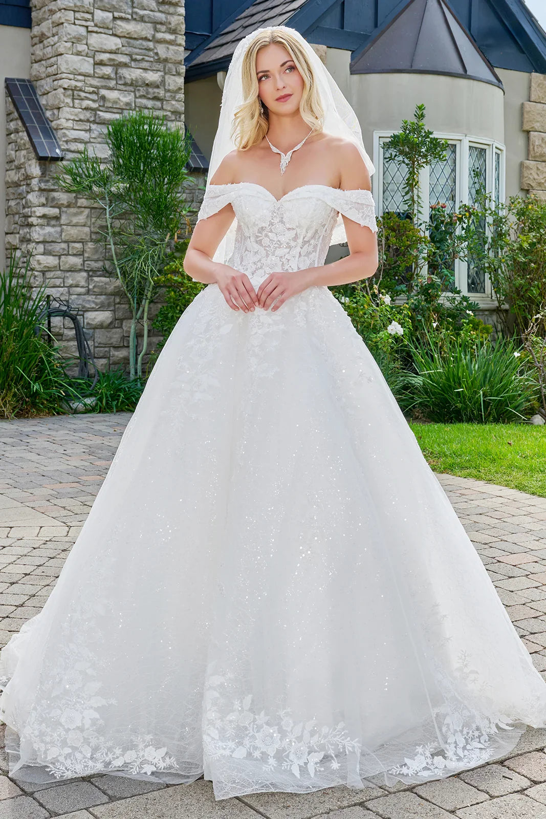 Wedding Dress With Embroidery, Sequins And Beads, A Glitter Underlayer And Off-The-Shoulder Straps-0