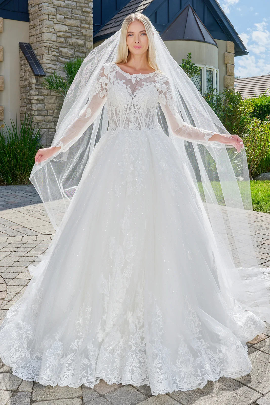 Wedding Dress Made Of Transparent Mesh, With Long Sleeves, A Round Neckline, And A Corset-Style Bodice.-0
