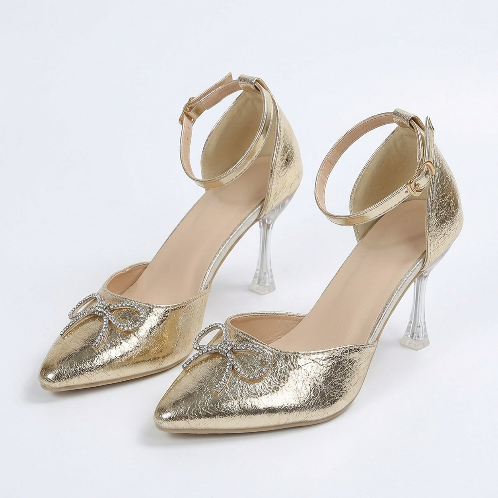 Rhinestone Bow Ankle-Strap Pumps