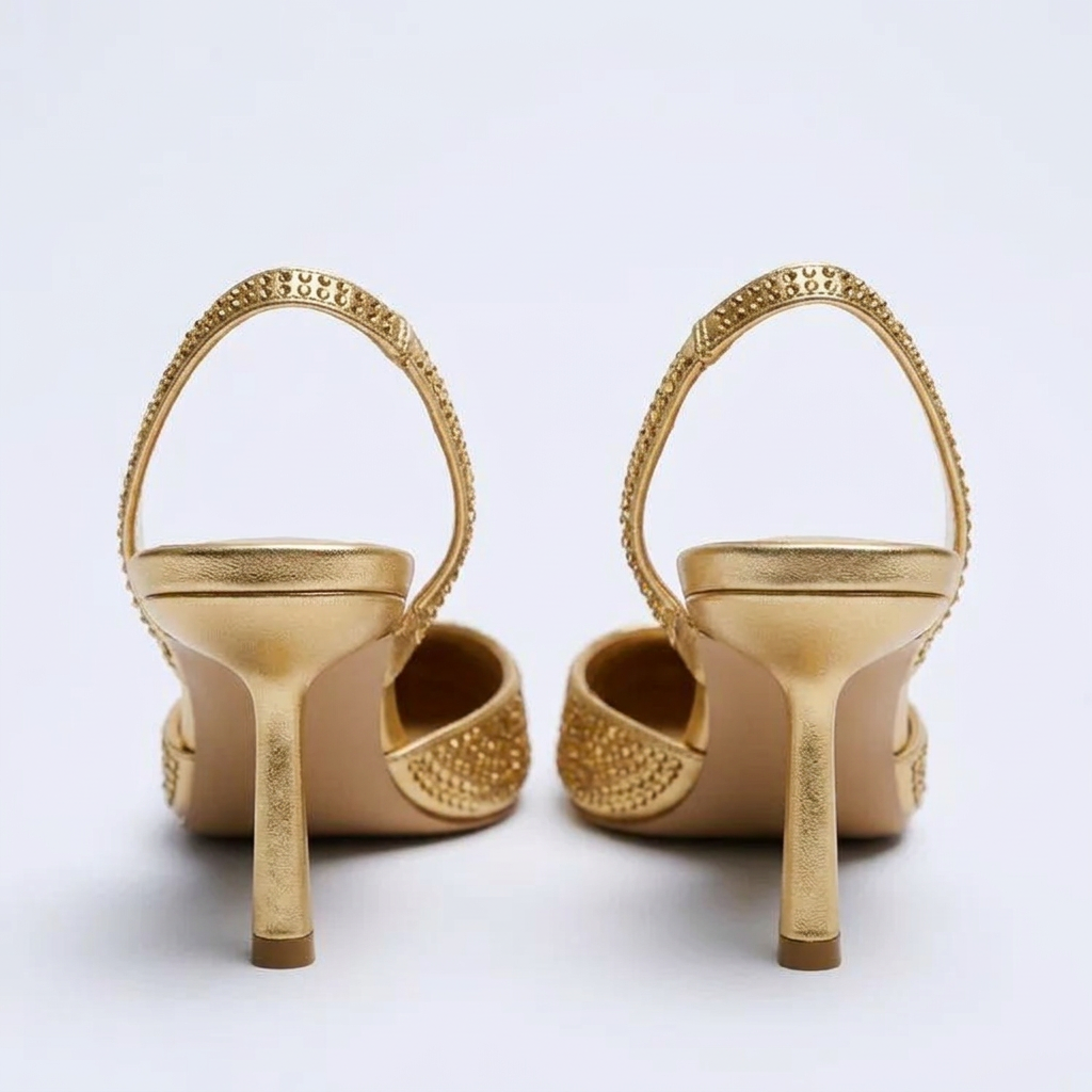 Gold Rhinestone Slingback High Heel Pumps