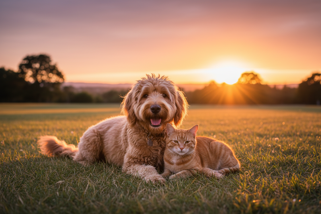 Golden doodle and cat at sunset