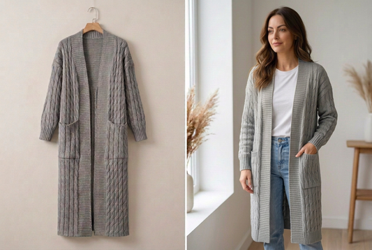 Elacyline Cable-Knit Longline Open-Front Cardigan Gray