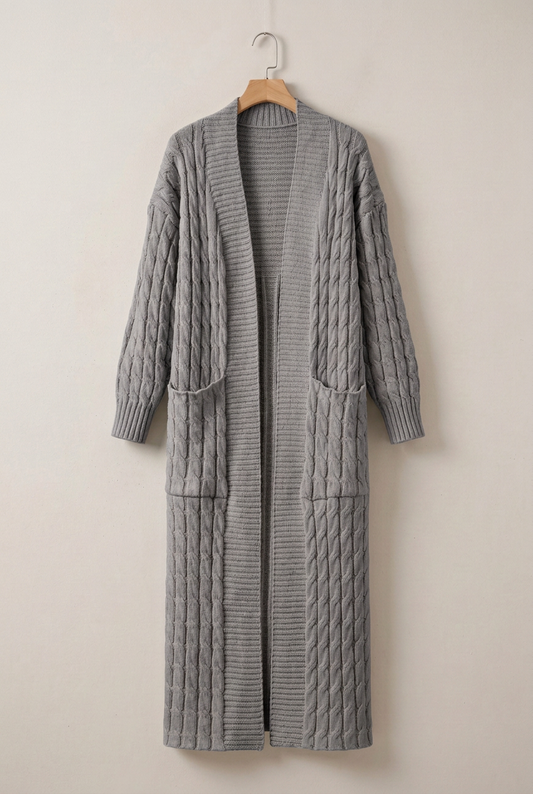 Elacyline Cable-Knit Longline Open-Front Cardigan Gray
