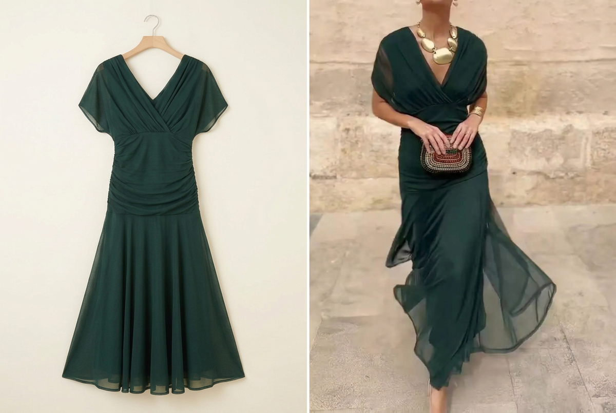 Holiday Soirée Ruched Mesh Maxi Dress