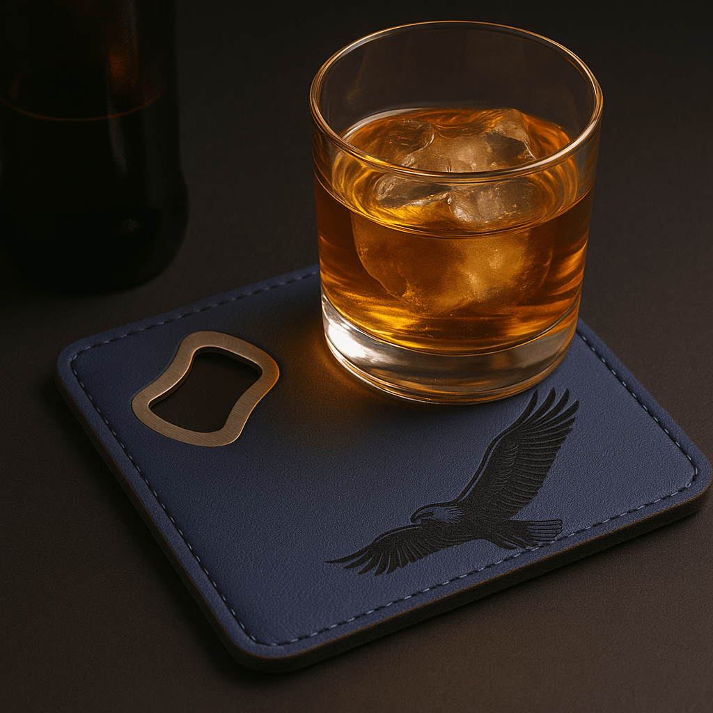 Leather Blue coaster wit engraving and bottle opener with Customize-1