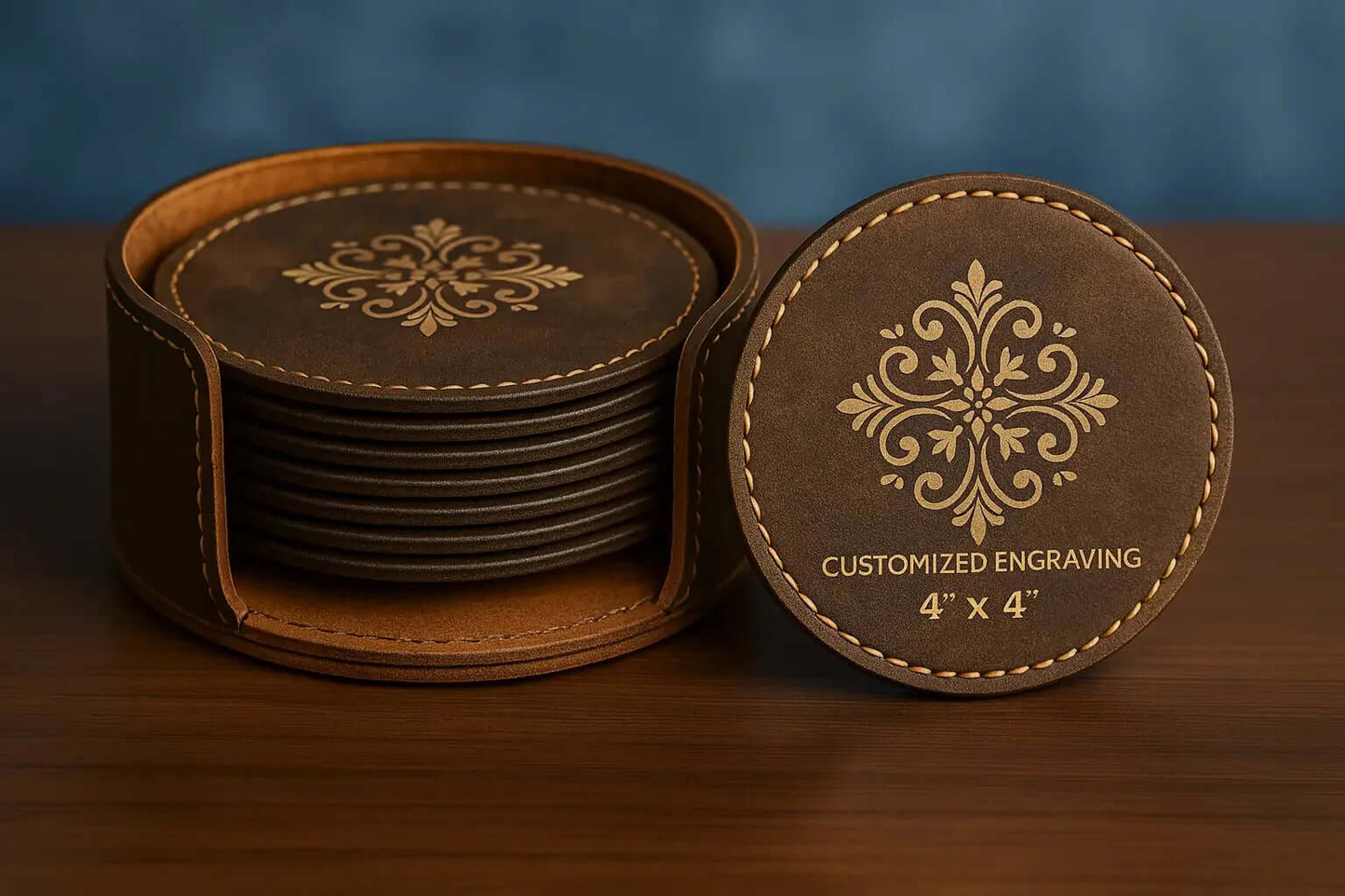 Premium Leather 6-Piece Engraved Leather Coaster Set-1