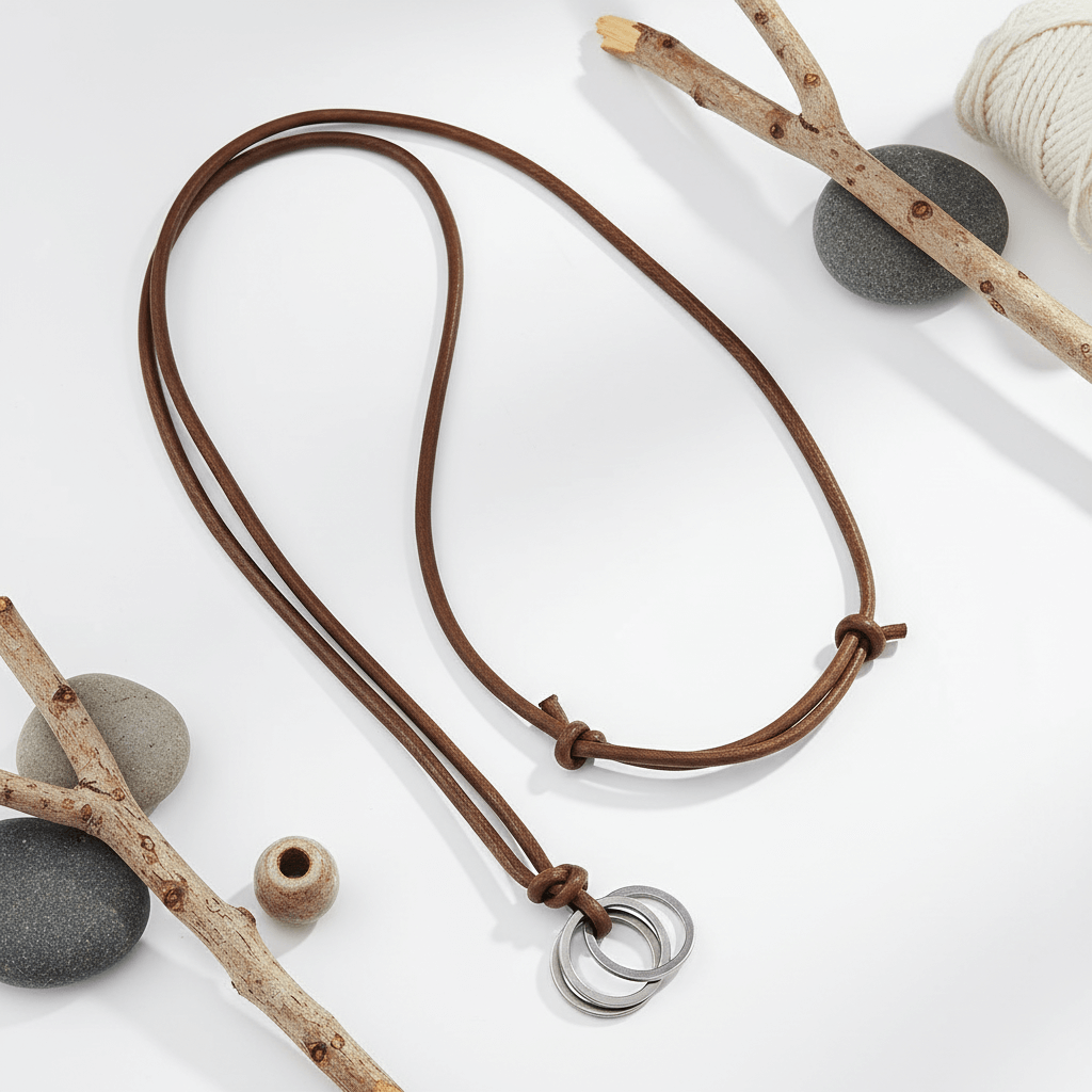 Handcrafted Leather Cord Necklace Minimalist Brown Rope Necklace with Interlocking Metal Rings-0