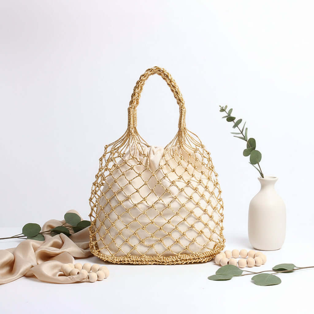 Straw woven beach bag for women gold color-1