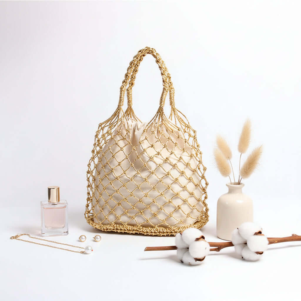 Straw woven beach bag for women gold color-0