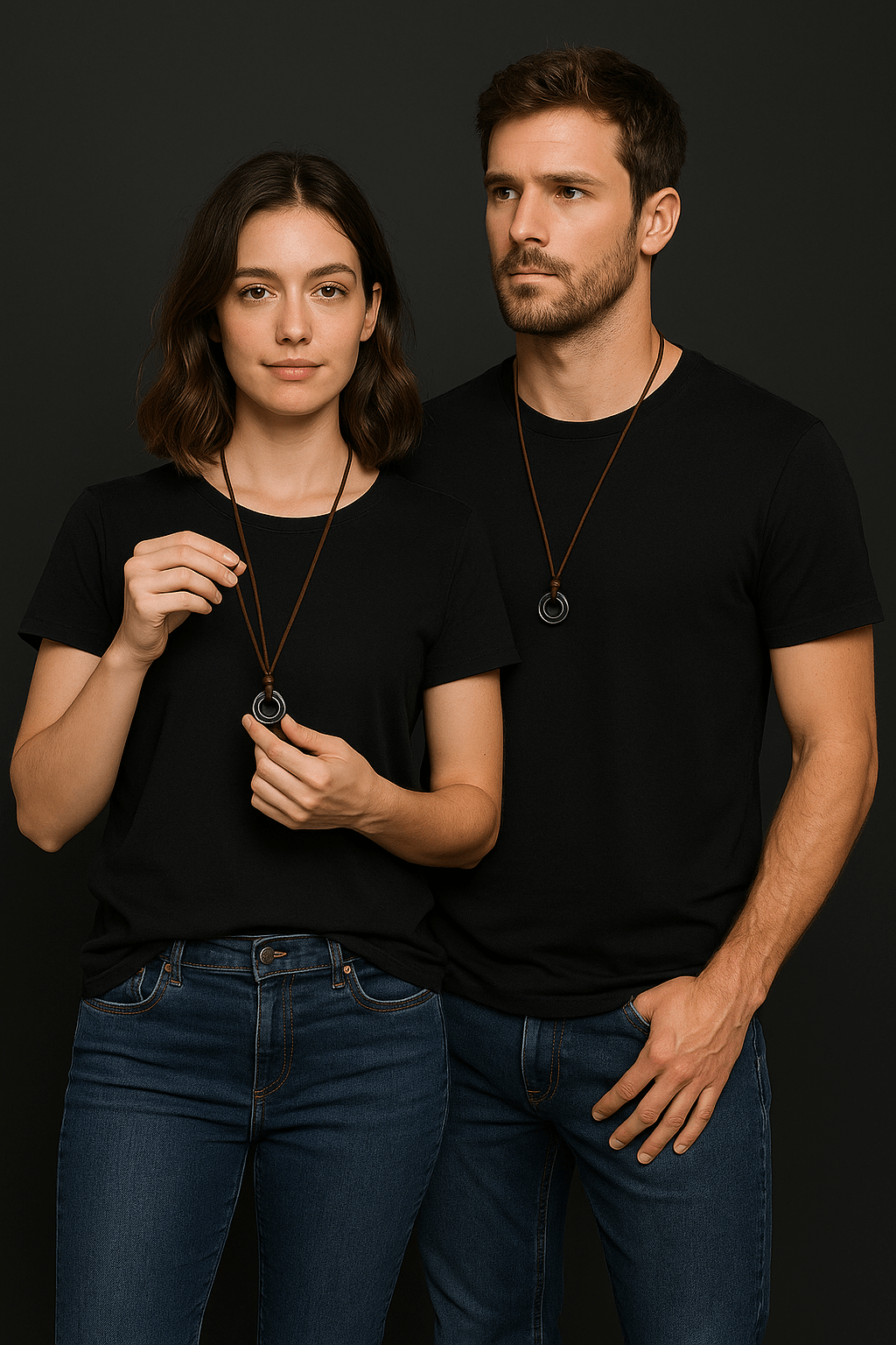 Handcrafted Leather Cord Necklace Minimalist Brown Rope Necklace with Interlocking Metal Rings-1