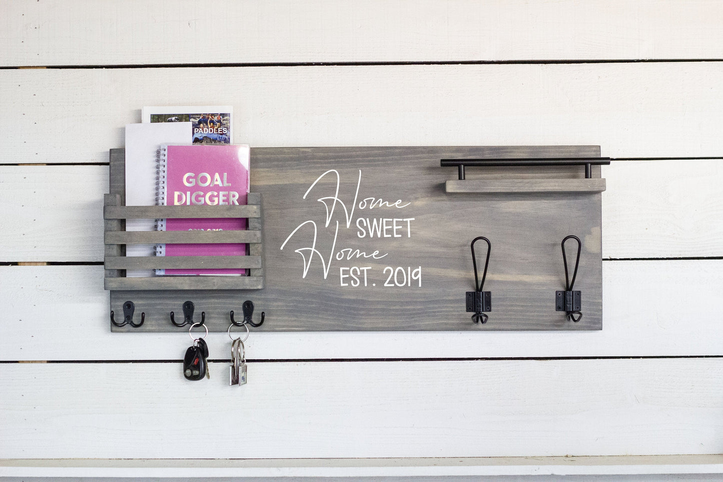 Coat Rack Mail Holder with Key Hooks and Small Shelf.-1