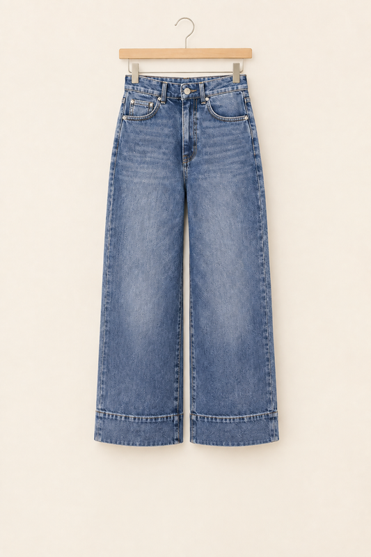 High-waisted wide-leg blue jeans displayed on a wooden hanger