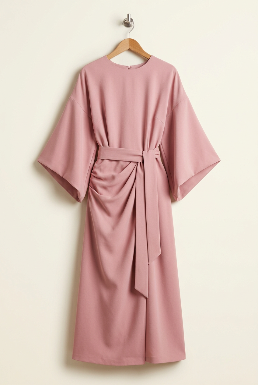 Dusty pink belted kimono sleeve midi dress on a wooden hanger