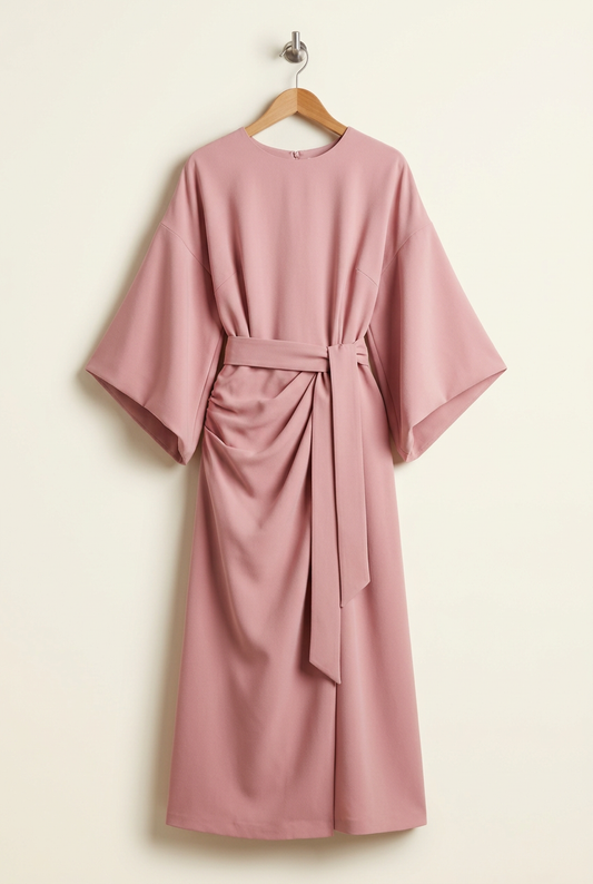 Dusty pink belted kimono sleeve midi dress on a wooden hanger