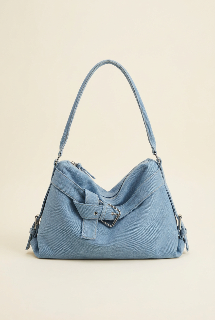 Blue denim shoulder bag with silver-tone buckle details on a light ivory background