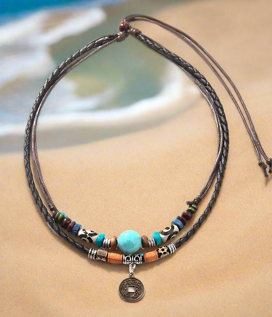 Double Leatherette Adjustable Chain Necklace-0