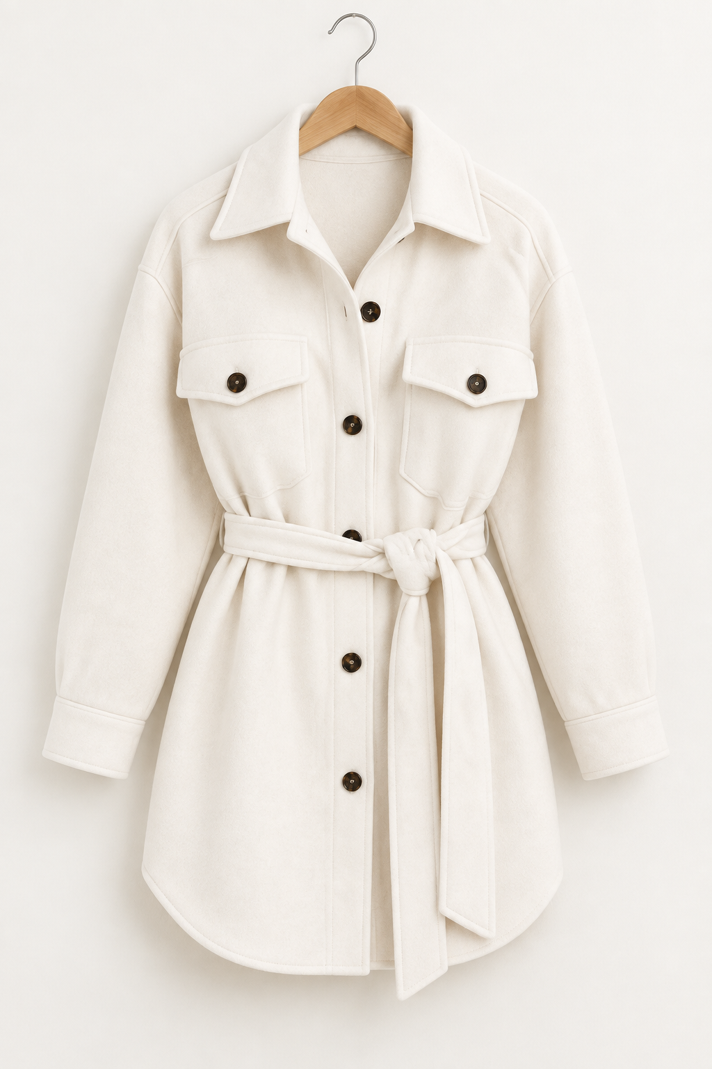 Ivory belted coat on a hanger