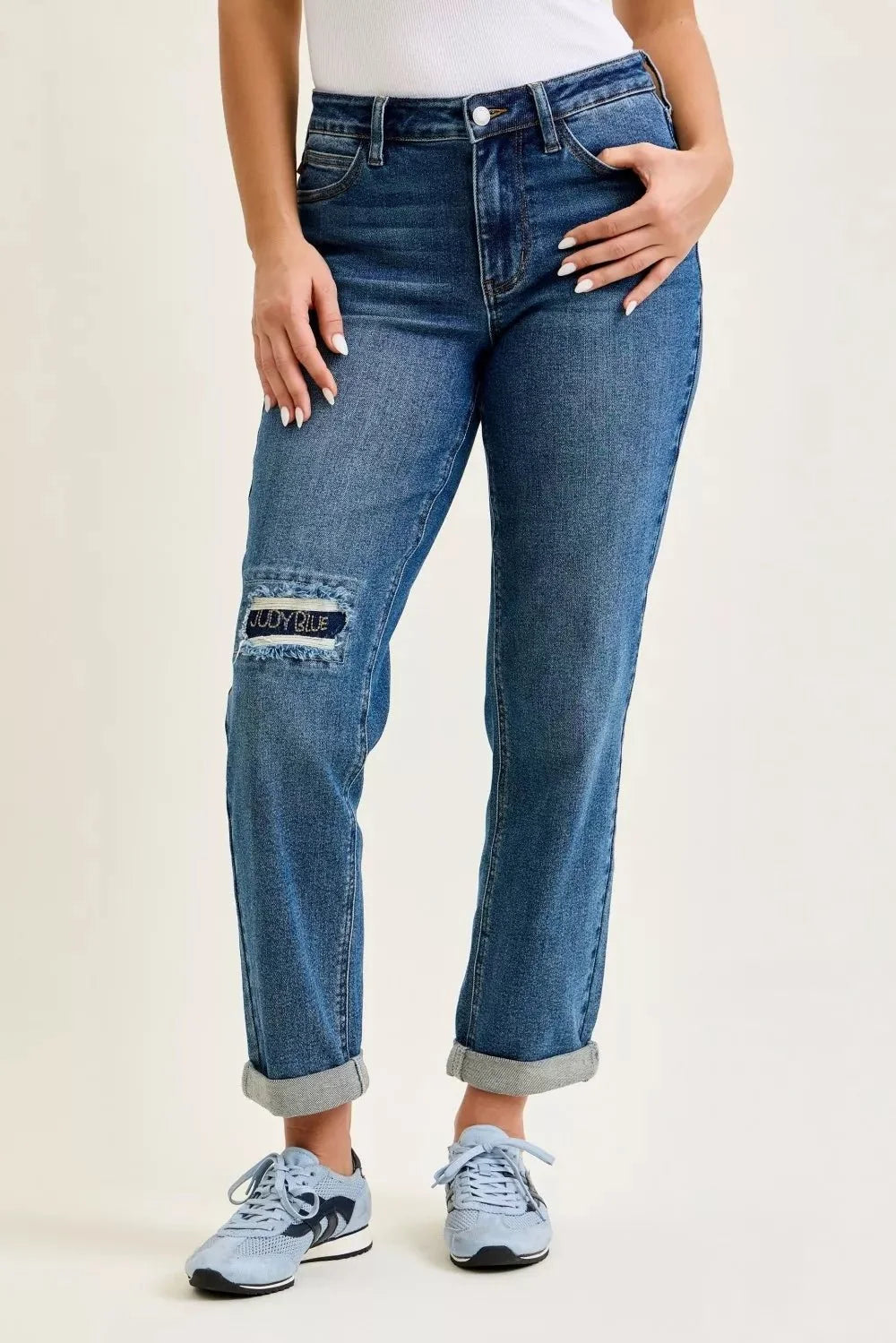 Judy Blue Mid Rise Boyfriend Embroidered Repair Patch Jeans-0