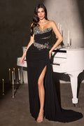 Rhinestones Embellished Long Festive Gown w/ Side Drape & Leg Slit CDKV1143