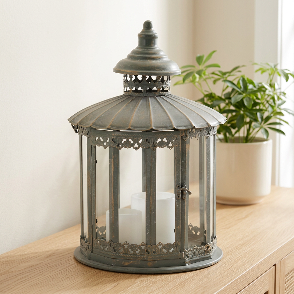 Ornate Round Brushed Metal Lantern 20"H