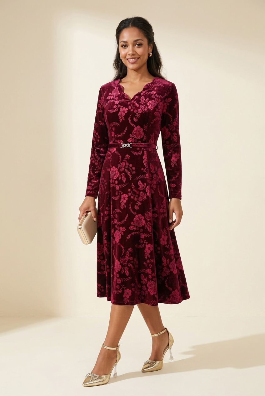 Opulent Floral Velvet Midi Dress