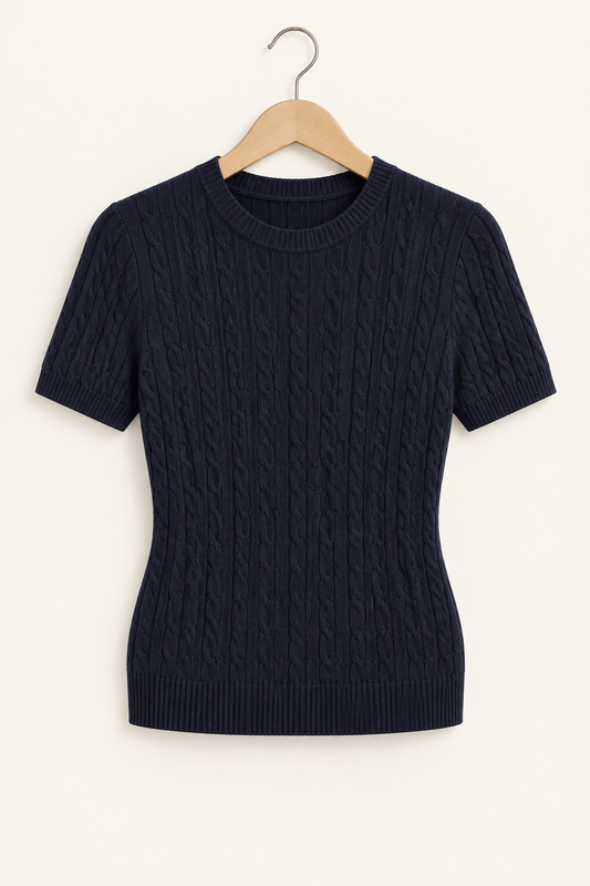 Textured Cable-Knit Short-Sleeve Sweater