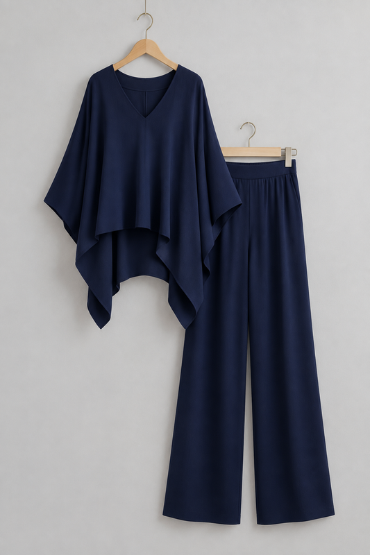 Navy two-piece set on hangers