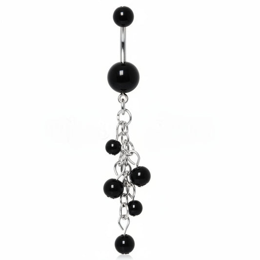 Surgical Steel Black Acrylic Navel Ring with Beaded Chain Cascade