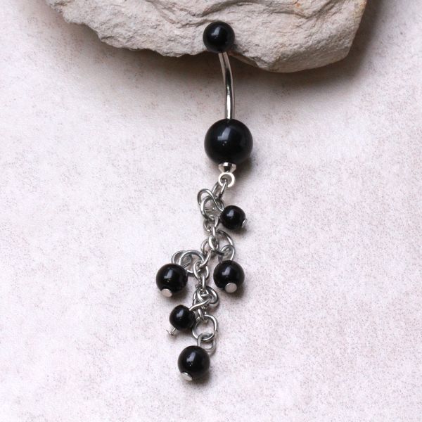 Surgical Steel Black Acrylic Navel Ring with Beaded Chain Cascade