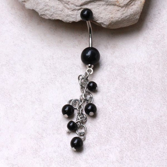 Surgical Steel Black Acrylic Navel Ring with Beaded Chain Cascade