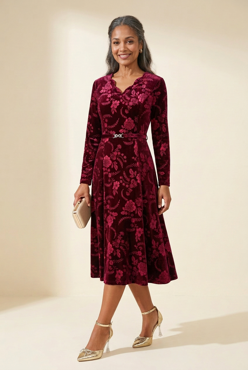 Older woman wearing the floral velvet dress with a gold clutch and rhinestone-bow heels