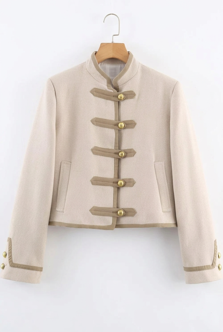 Holiday Toast Contrast-Trim Button Jacket
