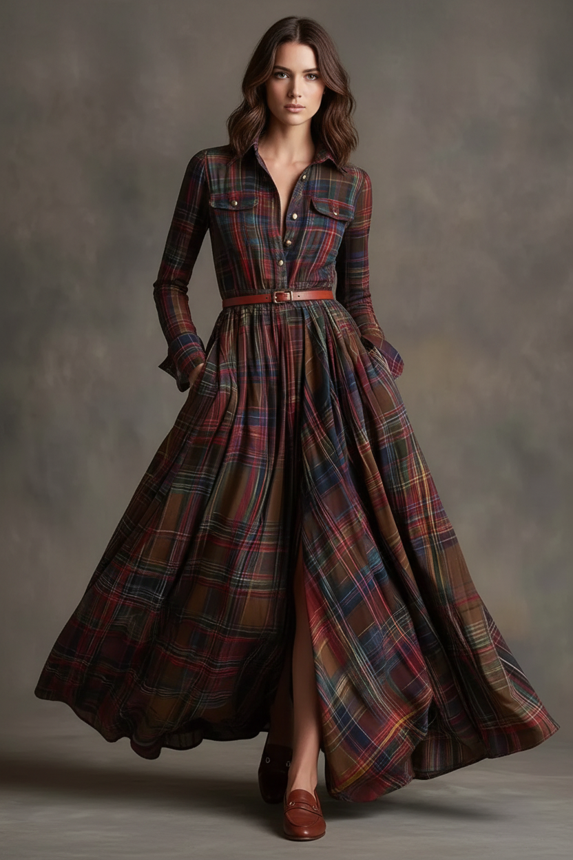 Plaid Long Sleeve Shirt Maxi Dress