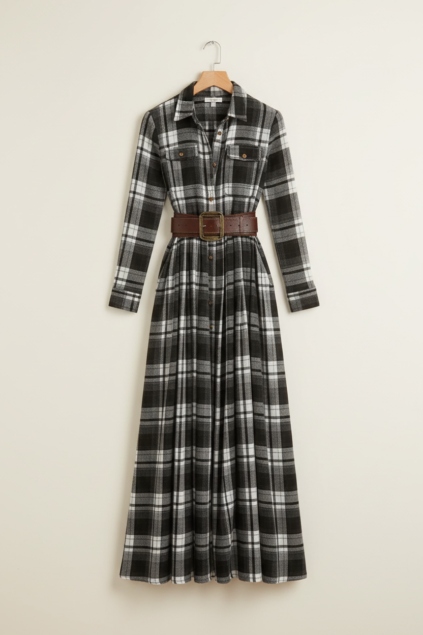 Plaid Long Sleeve Shirt Maxi Dress
